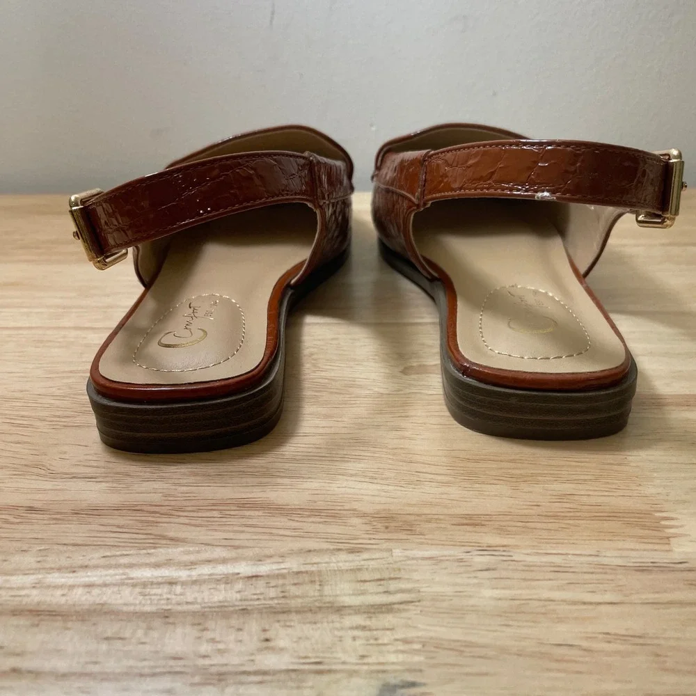 Comfort Est 1946 Womens 9W Cognac Brown Croc Embossed Slingback Loafers Flats